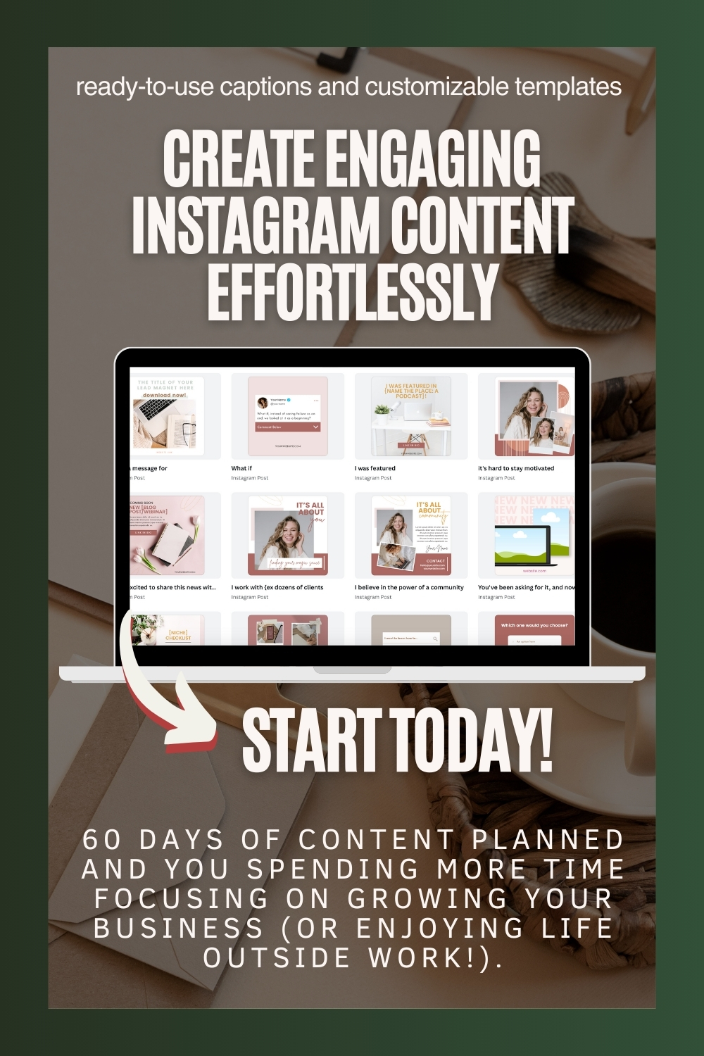 What if posting to Instagram didn't have to be so hard? Create Engaging Instagram Content Effortlessly with the 60 day content calendar, fill-in-the-blank captions and 60 customizable post templates.